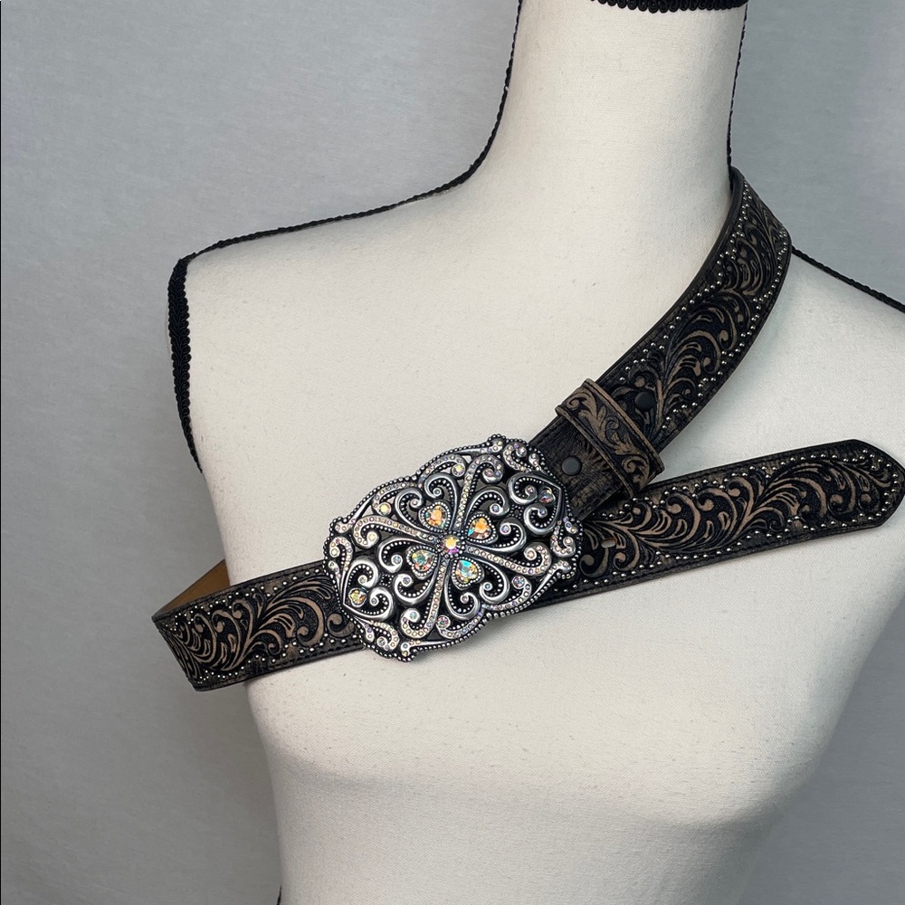 Crystal AB aurora borealis leather tooled western Black Embellished Belt - Picture 16 of 17